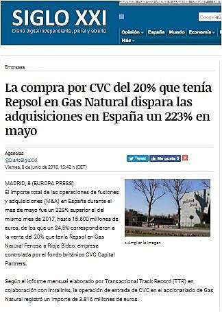 La compra por CVC del 20% que tena Repsol en Gas Natural dispara las adquisiciones en Espaa un 223% en mayo